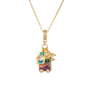 Travel themed gold necklace with camera, airplane and Happy Travel suitcase pendants