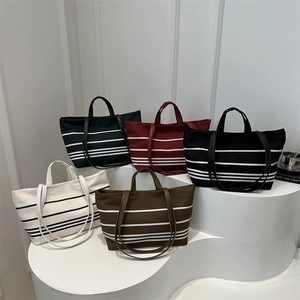 Striped Canvas Tote Bag For Women Large Capacity Minimalist Shoulder Handbag With Magnetic Closure Daily Travel