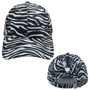 Detail view of cow stripe ponytail baseball cap featuring back criss-cross elastic opening