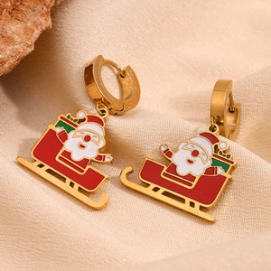 Boucles D'oreilles Créoles Père Noël Traîneau Acier Inoxydable Plaqué Or 18K Émail Bijoux De Noël Pour Femmes