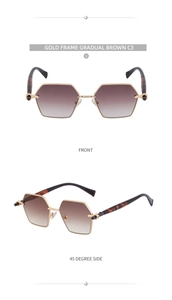 Front and 45-degree side view of polygon gold metal sunglasses with brown gradient lenses