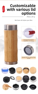 Detail showing natural bamboo vacuum flask with various functional lid options and LED display