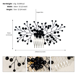 Detailed view of handmade black bead hair comb with size and weight dimensions