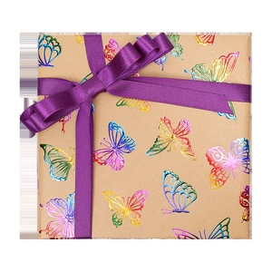Papier cadeau kraft avec papillons arc-en-ciel métallisés et un nœud en ruban satin violet