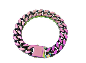 Detail view of rainbow-plated stainless steel Cuban link bracelet with a secure fold-over clasp