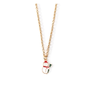 Close-up of golden necklace with colorful enamel snowman pendant and red hat detail
