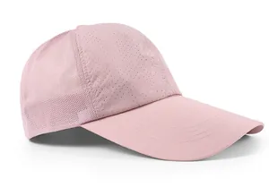 Side view of pink quick-dry mesh cap showing breathable holes and extended brim