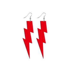Close-up of vibrant red lightning bolt earrings with silver hooks on white background
