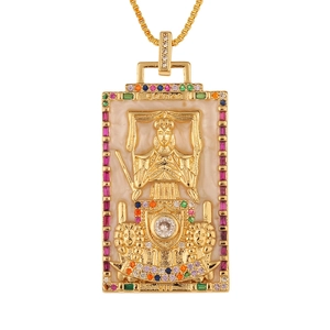 Detail of gold Tarot Chariot pendant with multi-color zircon stones on a box chain