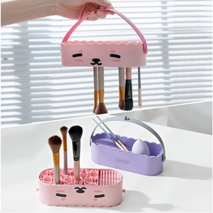 Multi-functional makeup brush cleaner and drying rack in pink and purple colors