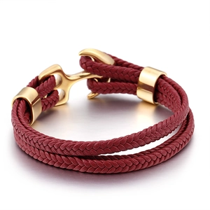 Men's double-wrap red leather woven bracelet with a golden stainless steel anchor clasp