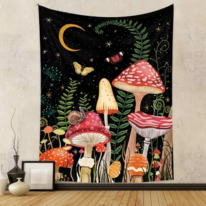 Mushroom Tapestry Fantasy Forest Wall Hanging Moon Star Butterfly Aesthetic Polyester Decorative Cloth For Bedroom Living Room