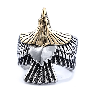 Men's two-tone stainless steel eagle ring with gold head and detailed silver wings