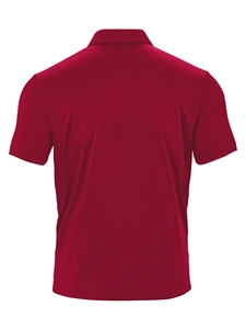 Rear view of a classic red short-sleeved polo shirt with premium knitted texture