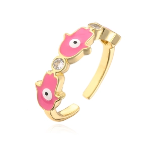 18K gold plated Hamsa Hand open ring with pink enamel and sparkling zircon accents