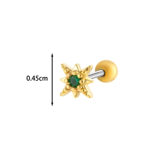 Detailed view of a gold starburst cartilage stud with a green gemstone and size marking