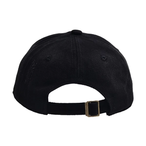 Adjustable black cotton baseball cap for kids with bronze metal buckle back view