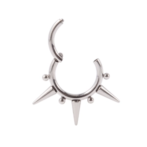 Polished G23 titanium septum ring with triple spikes and decorative beads punk style