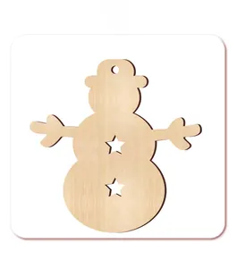 Detail of wooden snowman ornament with star-shaped cutouts and small hanging hole