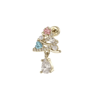 Christmas tree cartilage stud earring in gold with colorful zircon stones and drop pendant
