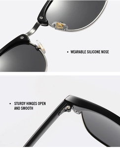 Detail of soft silicone nose pads and sturdy smooth hinges on black semi-rimless sunglasses