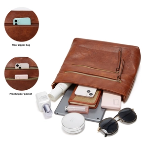 Detail of retro brown PU leather tote with multi-pocket design and large storage capacity
