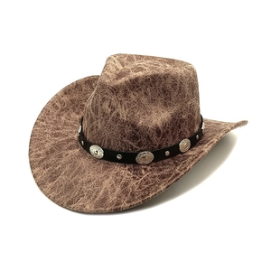 Cappello da cowboy vintage in camoscio marrone con tesa larga e cinturino in pelle