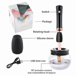Limpiador eléctrico de brochas de maquillaje con mango de oro rosa, bol de PET y cable USB