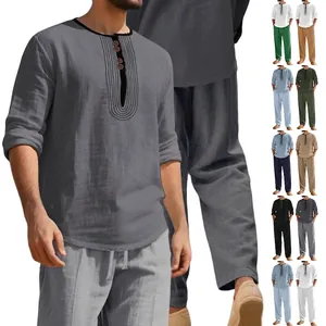 Men Casual Linen Blend Long Sleeve Henley Shirt And Drawstring Pants Relaxed Fit Retro Vacation Beach Wear