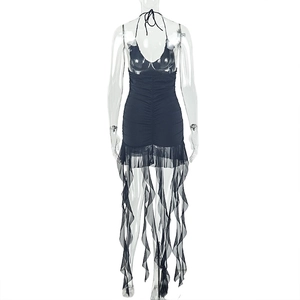 Detail of cross-back tie design and layered mesh ruffles on black mini bodycon dress