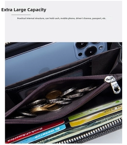 Detail view of the multifunctional crossbody wallet bag interior with card slots and phone pocket