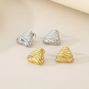 Triangle Stud Earrings Titanium Steel Wavy Embossed Texture Retro Geometric Jewelry For Women Metal Aesthetic