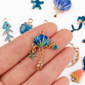 Blue ocean shell and starfish alloy pendant with gold drip oil finish for DIY jewelry