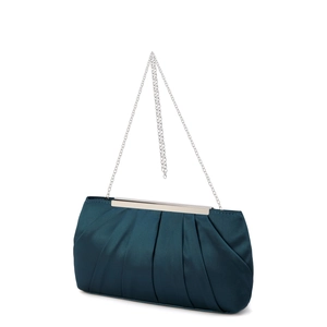 Detail of pleated dark green satin evening bag featuring a silver chain and metal frame
