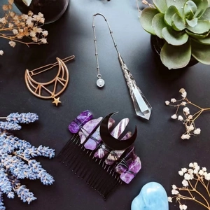 Handmade amethyst hair comb with black moon ornament and crystal star hair clips