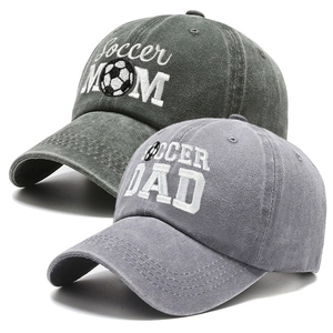 Soccer MOM and Soccer DAD embroidered cotton baseball caps in charcoal and light grey set