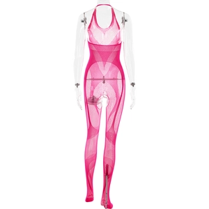 Roze mesh bodysuit met open rug en halterontwerp van transparante elastische kant
