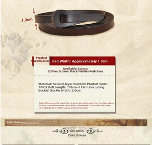 Detail view of 1.0cm slim dark brown leather belt showing dimensions and pin buckle