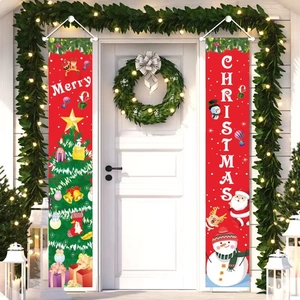 Christmas Porch Banner Hanging Door Decoration Polyester Holiday Entryway Outdoor Sign Santa Snowman Gnome Pattern