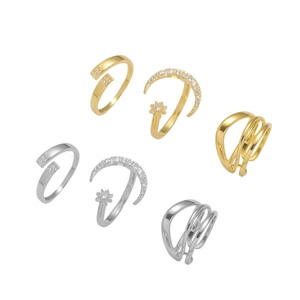 Adjustable open rings in gold and silver with minimalist zircon moon and star designs