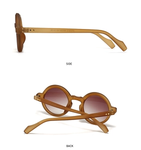 Detail view of brown matte round sunglasses showing side and back profiles with size specs