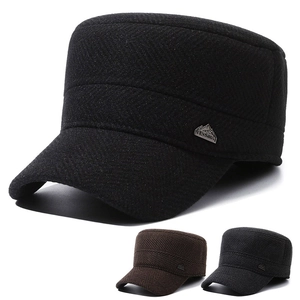 Men Winter Woolen Herringbone Cadet Cap With Ear Flaps Warm Fleece Lined Flat Top Hat Military Style Adjustable