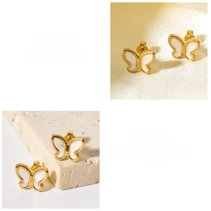 Macro view of butterfly earrings with 18K gold plating and white mother-of-pearl inlay