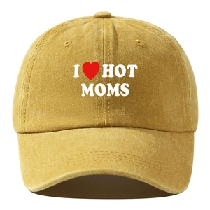 Close-up of mustard yellow washed cotton baseball cap featuring I LOVE HOT MOMS embroidery