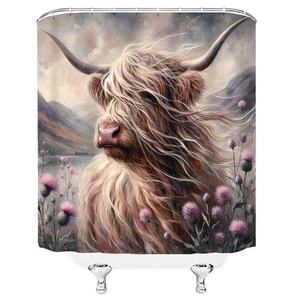 Detail of artistic highland cow oil painting print on thick waterproof polyester shower curtain