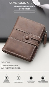 Close-up of brown PU leather wallet featuring lychee texture and white contrast stitching