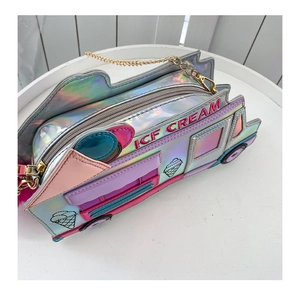 Detailed macro view of laser holographic silver ice cream truck bag with chain