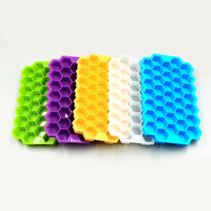 Five-piece honeycomb silicone ice cube trays with 37 cells in green, purple, yellow, white, blue