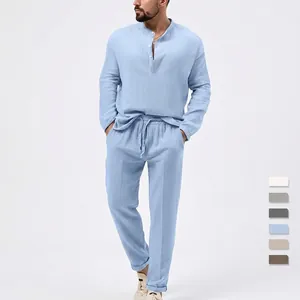 Men Henley Long Sleeve Shirt And Pants Casual Cotton Blend Linen Texture Breathable Beach Loungewear Solid Color
