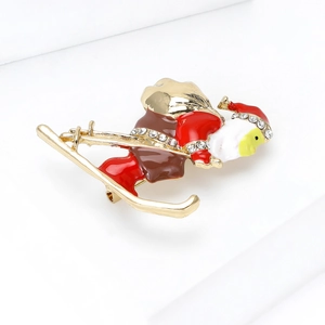 Cute skiing Santa Claus Christmas brooch with red enamel and sparkling rhinestones